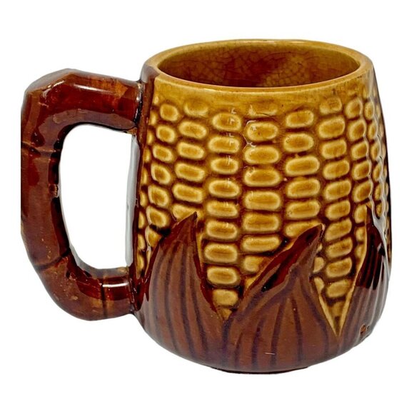 Vintage Majolica Corn Mug Set Signed Occupied Japan Brown Yellow Pottery Ceramic - Picture 3 of 12